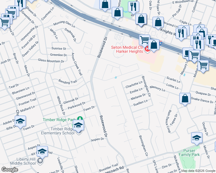 map of restaurants, bars, coffee shops, grocery stores, and more near 4903 Deerwood Loop in Killeen