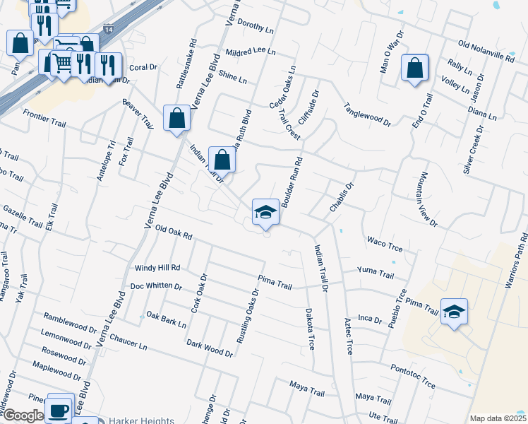 map of restaurants, bars, coffee shops, grocery stores, and more near 1303 Indian Trail in Harker Heights
