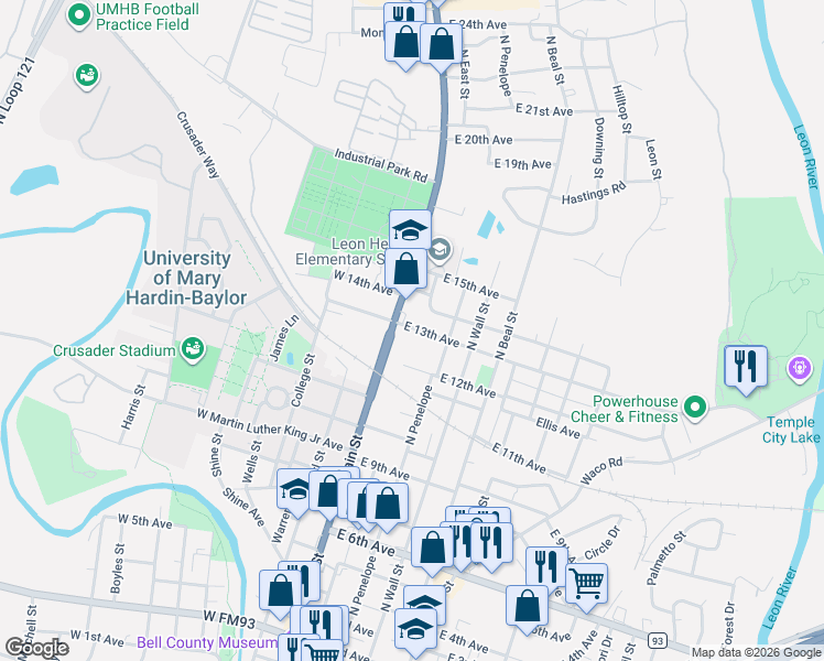 map of restaurants, bars, coffee shops, grocery stores, and more near 133 East 13th Avenue in Belton