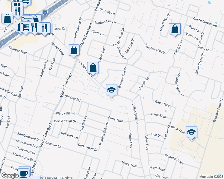 map of restaurants, bars, coffee shops, grocery stores, and more near 1110 Indian Trail in Harker Heights