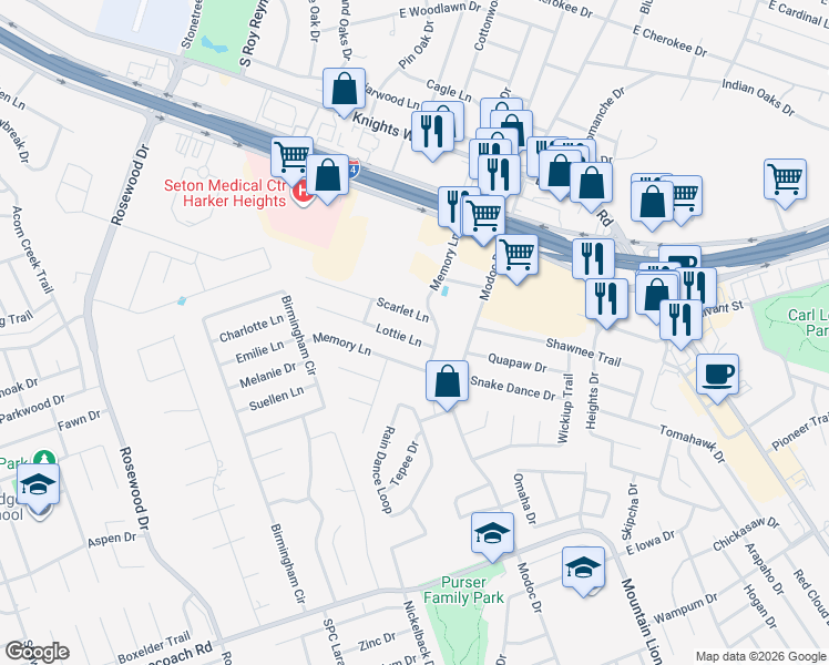 map of restaurants, bars, coffee shops, grocery stores, and more near 207 Lottie Lane in Harker Heights