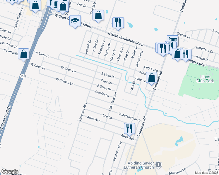 map of restaurants, bars, coffee shops, grocery stores, and more near 500 East Orion Drive in Killeen