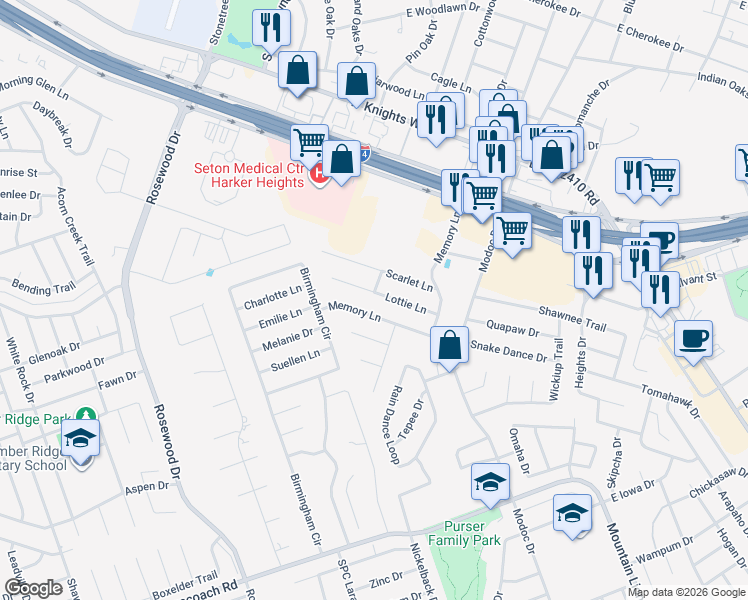 map of restaurants, bars, coffee shops, grocery stores, and more near 221 Memory Lane in Harker Heights