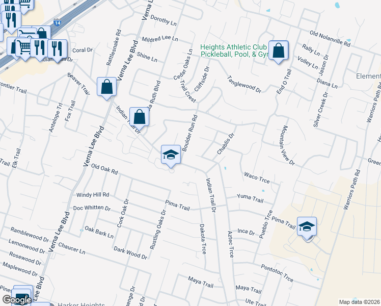 map of restaurants, bars, coffee shops, grocery stores, and more near 1401 Indian Trail in Harker Heights