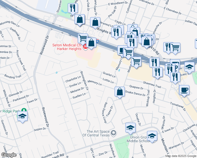 map of restaurants, bars, coffee shops, grocery stores, and more near 221 Memory Lane in Harker Heights