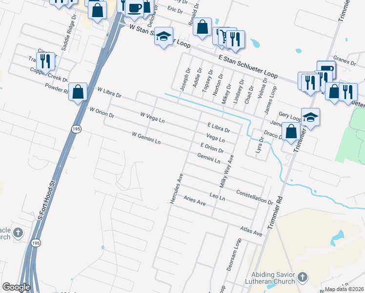 map of restaurants, bars, coffee shops, grocery stores, and more near 100 West Gemini Lane in Killeen