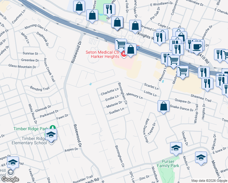 map of restaurants, bars, coffee shops, grocery stores, and more near 6202 Charlotte Lane in Killeen
