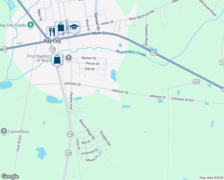 map of restaurants, bars, coffee shops, grocery stores, and more near 1552 Johnson Street in Ray City