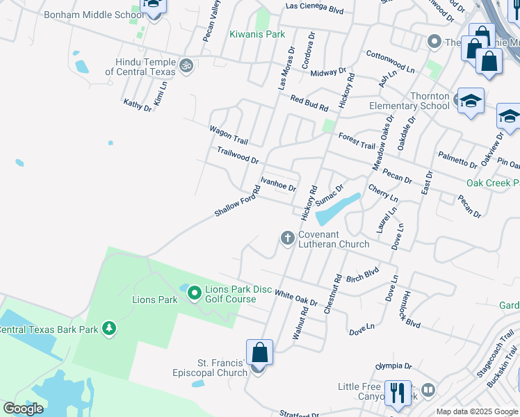 map of restaurants, bars, coffee shops, grocery stores, and more near 3701 Robinhood Drive in Temple