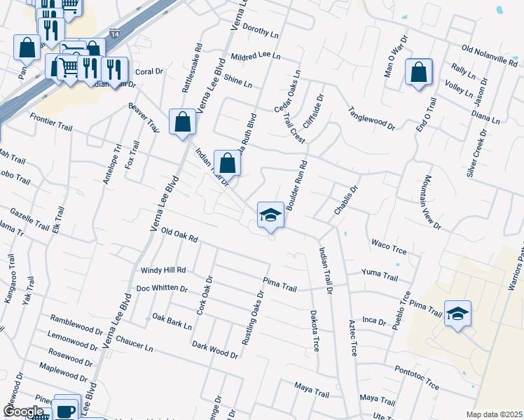 map of restaurants, bars, coffee shops, grocery stores, and more near 1110 Indian Trail in Harker Heights