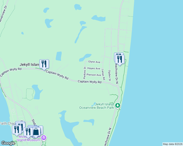 map of restaurants, bars, coffee shops, grocery stores, and more near 12a Pierson Avenue in Jekyll Island