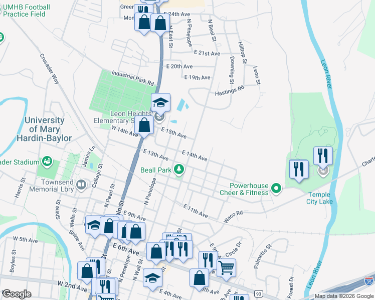 map of restaurants, bars, coffee shops, grocery stores, and more near 318 East 13th Avenue in Belton
