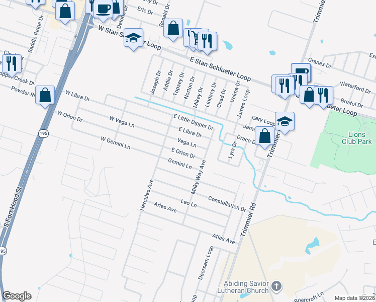 map of restaurants, bars, coffee shops, grocery stores, and more near 500 East Orion Drive in Killeen