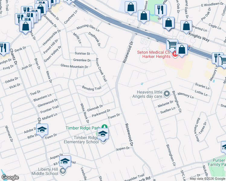 map of restaurants, bars, coffee shops, grocery stores, and more near 5003 Acorn Creek Trail in Killeen
