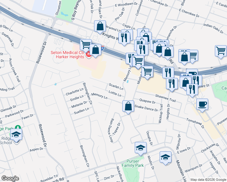 map of restaurants, bars, coffee shops, grocery stores, and more near 206 Lottie Lane in Harker Heights