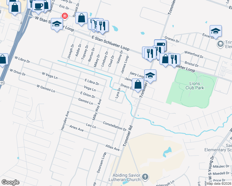 map of restaurants, bars, coffee shops, grocery stores, and more near 5711 Capricorn Loop in Killeen