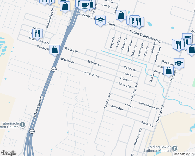 map of restaurants, bars, coffee shops, grocery stores, and more near 401 West Gemini Lane in Killeen