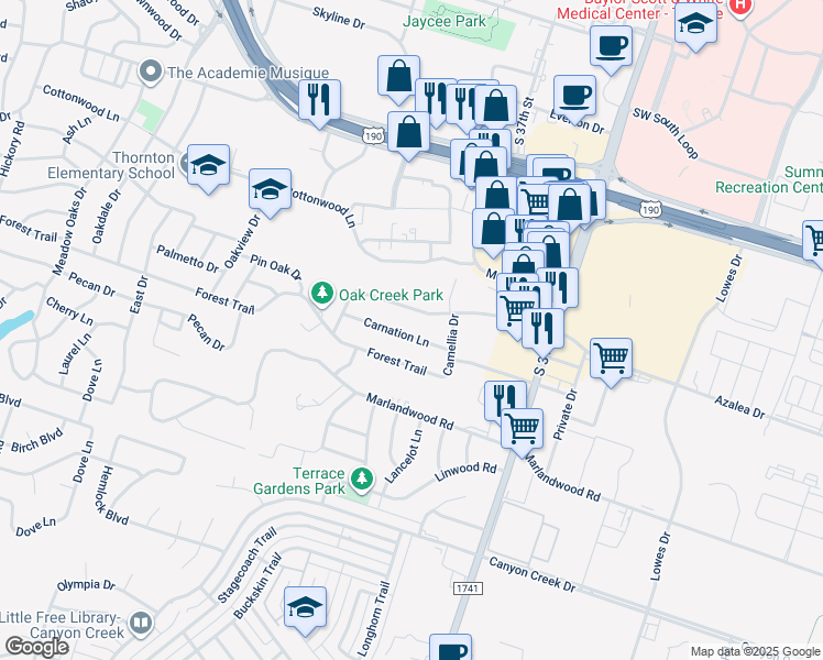 map of restaurants, bars, coffee shops, grocery stores, and more near 2006 Carnation Lane in Temple