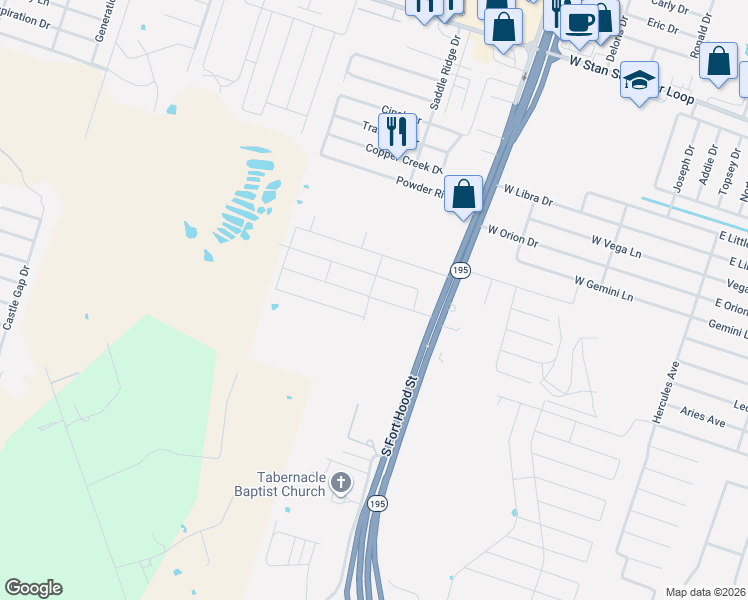 map of restaurants, bars, coffee shops, grocery stores, and more near 5901 South Fort Hood Street in Killeen