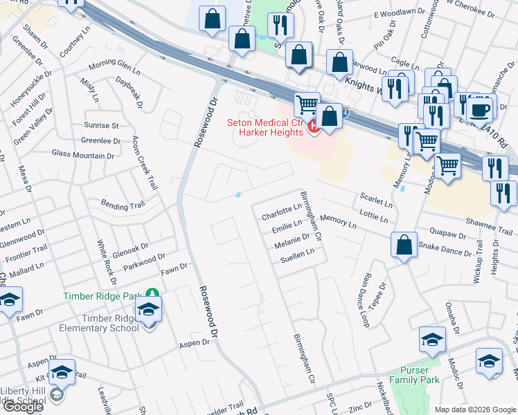 map of restaurants, bars, coffee shops, grocery stores, and more near 5311 Birmingham Circle in Killeen