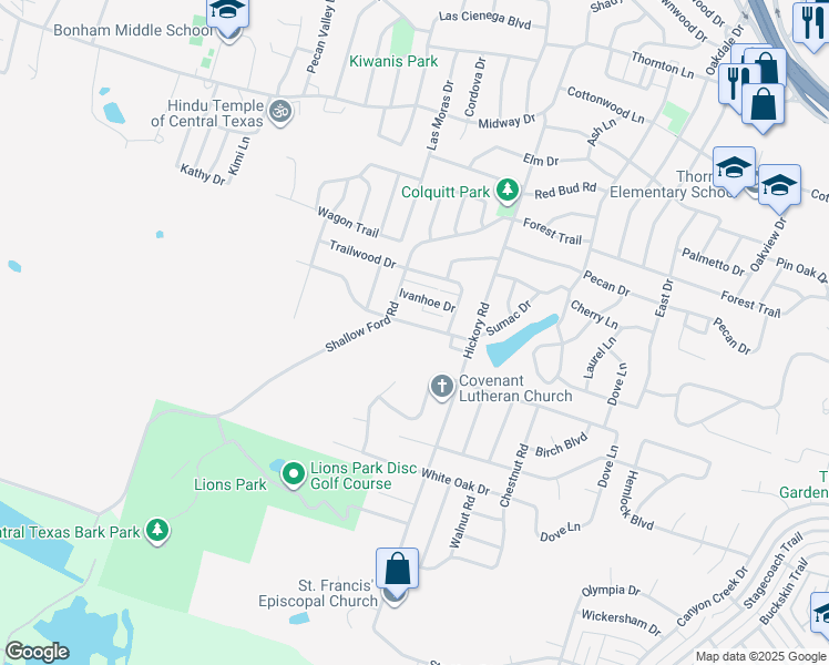 map of restaurants, bars, coffee shops, grocery stores, and more near 3701 Robinhood Drive in Temple