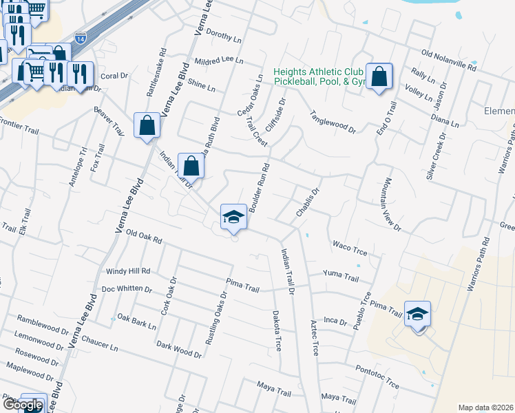 map of restaurants, bars, coffee shops, grocery stores, and more near 1117 Boulder Run in Harker Heights