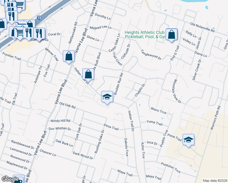 map of restaurants, bars, coffee shops, grocery stores, and more near 1114 Boulder Run in Harker Heights