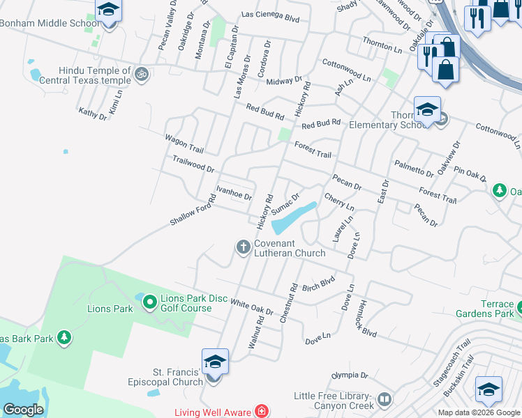 map of restaurants, bars, coffee shops, grocery stores, and more near 3910 Hickory Road in Temple