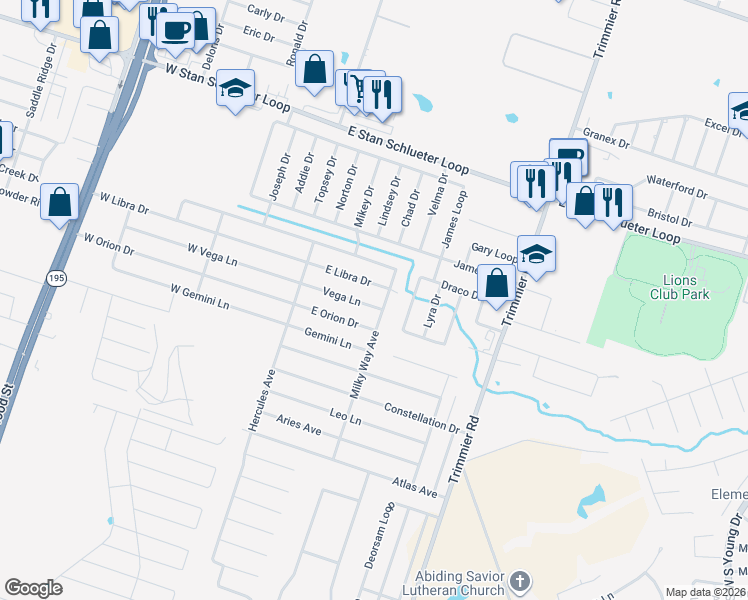 map of restaurants, bars, coffee shops, grocery stores, and more near 505 Vega Lane in Killeen