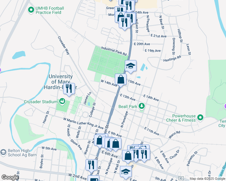 map of restaurants, bars, coffee shops, grocery stores, and more near 101 West 14th Avenue in Belton