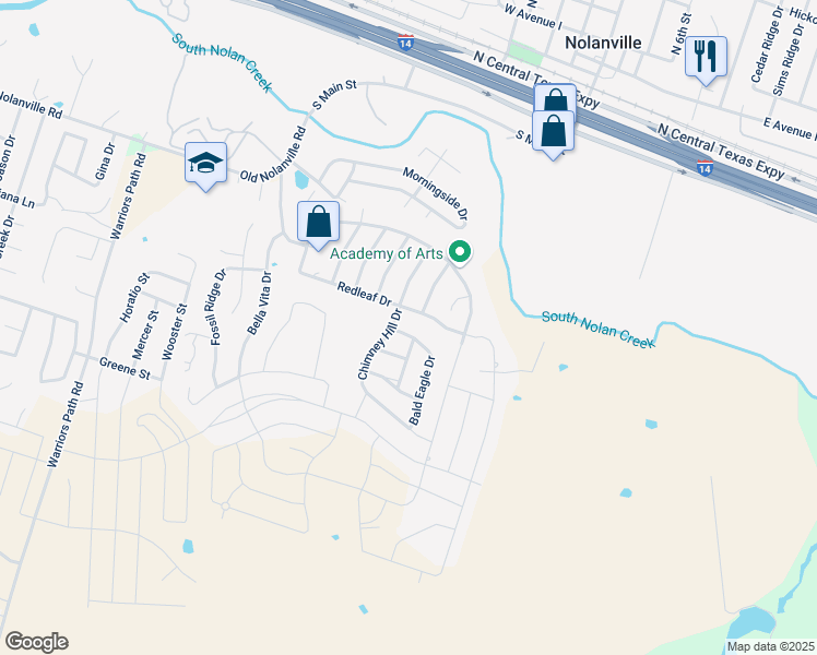 map of restaurants, bars, coffee shops, grocery stores, and more near 1129 Redleaf Drive in Nolanville