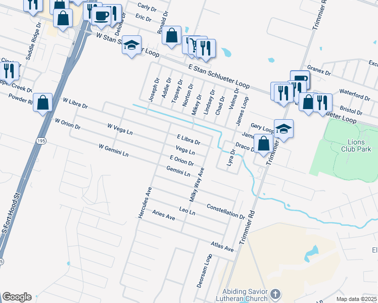 map of restaurants, bars, coffee shops, grocery stores, and more near 306 Vega Lane in Killeen