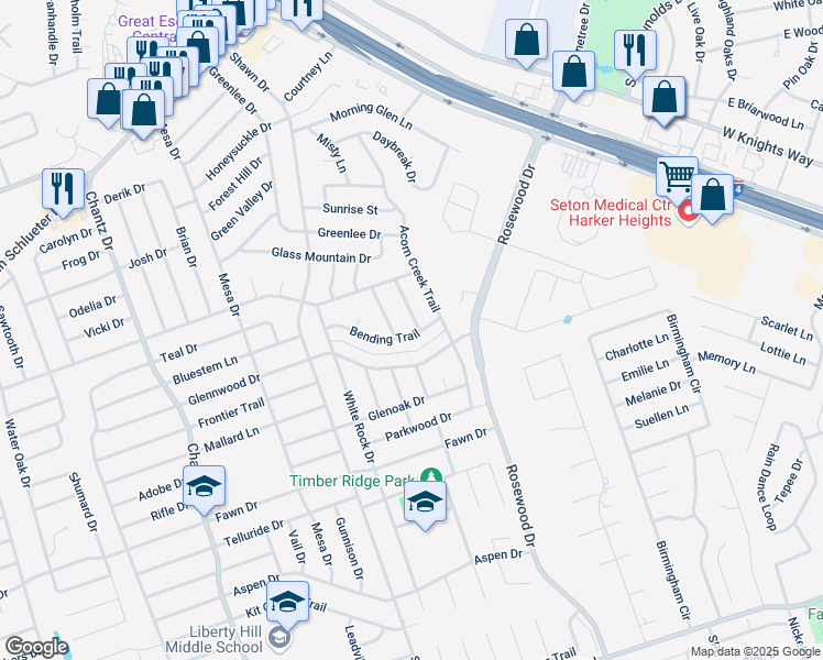 map of restaurants, bars, coffee shops, grocery stores, and more near 4815 Castlewood Drive in Killeen