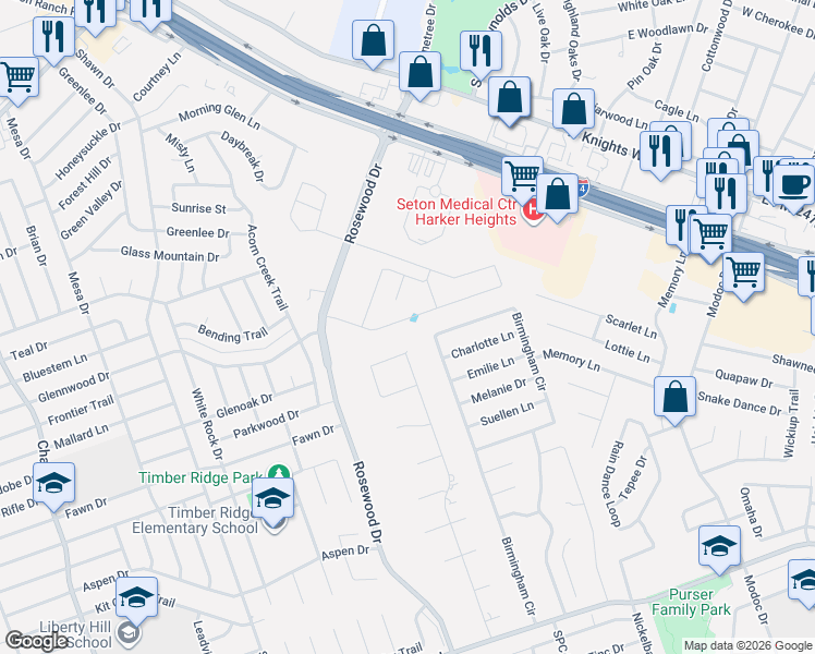 map of restaurants, bars, coffee shops, grocery stores, and more near 5303 Birmingham Circle in Killeen