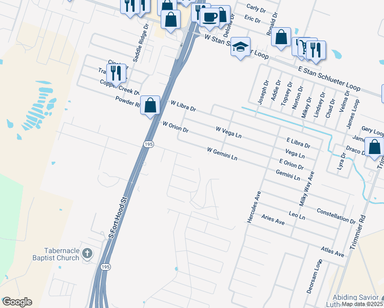 map of restaurants, bars, coffee shops, grocery stores, and more near 501 Omar Drive in Killeen