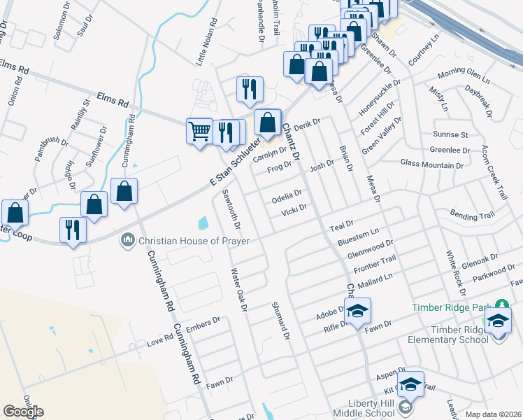 map of restaurants, bars, coffee shops, grocery stores, and more near 4102 Odelia Drive in Killeen