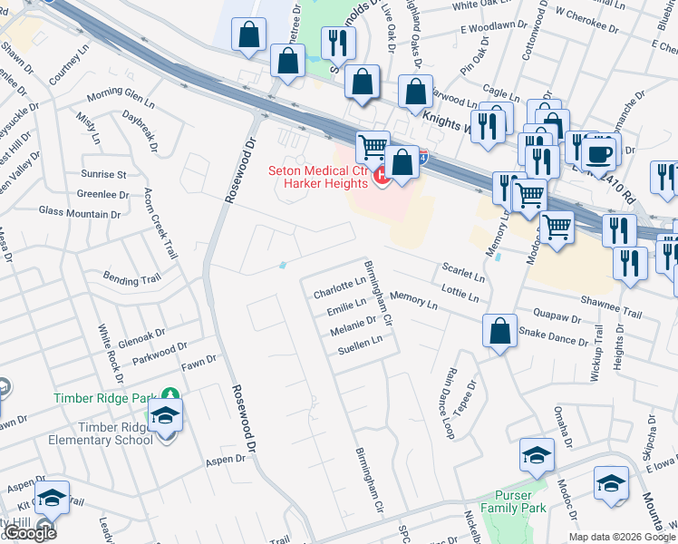 map of restaurants, bars, coffee shops, grocery stores, and more near 5402 Birmingham Circle in Killeen