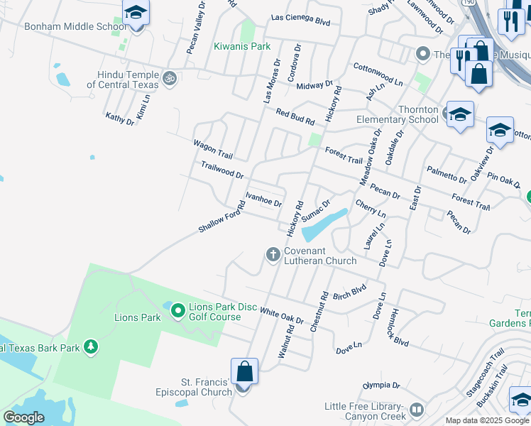 map of restaurants, bars, coffee shops, grocery stores, and more near 3702 Robinhood Drive in Temple
