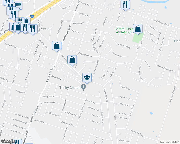 map of restaurants, bars, coffee shops, grocery stores, and more near 1110 Boulder Run in Harker Heights