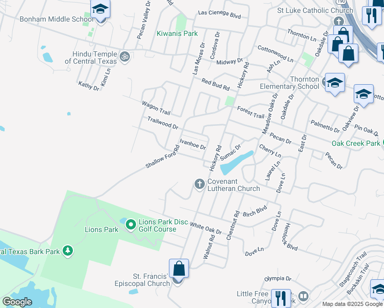 map of restaurants, bars, coffee shops, grocery stores, and more near 3702 Robinhood Drive in Temple