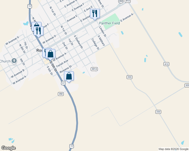 map of restaurants, bars, coffee shops, grocery stores, and more near 615 South Stallworth in Rosebud