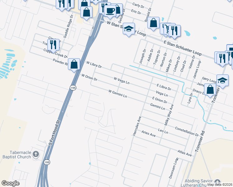 map of restaurants, bars, coffee shops, grocery stores, and more near 401 West Gemini Lane in Killeen