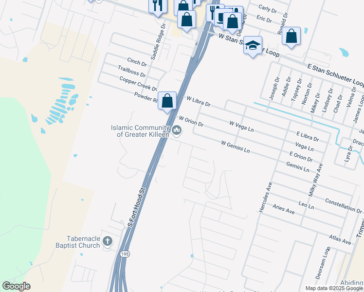 map of restaurants, bars, coffee shops, grocery stores, and more near 603 Omar Drive in Killeen