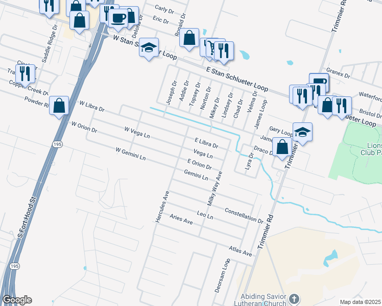 map of restaurants, bars, coffee shops, grocery stores, and more near 306 Vega Lane in Killeen