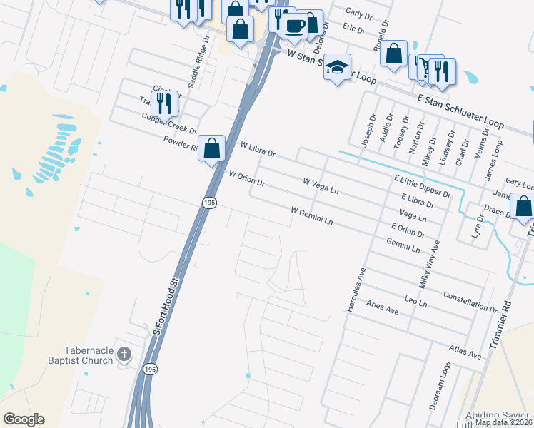 map of restaurants, bars, coffee shops, grocery stores, and more near 501 Omar Drive in Killeen
