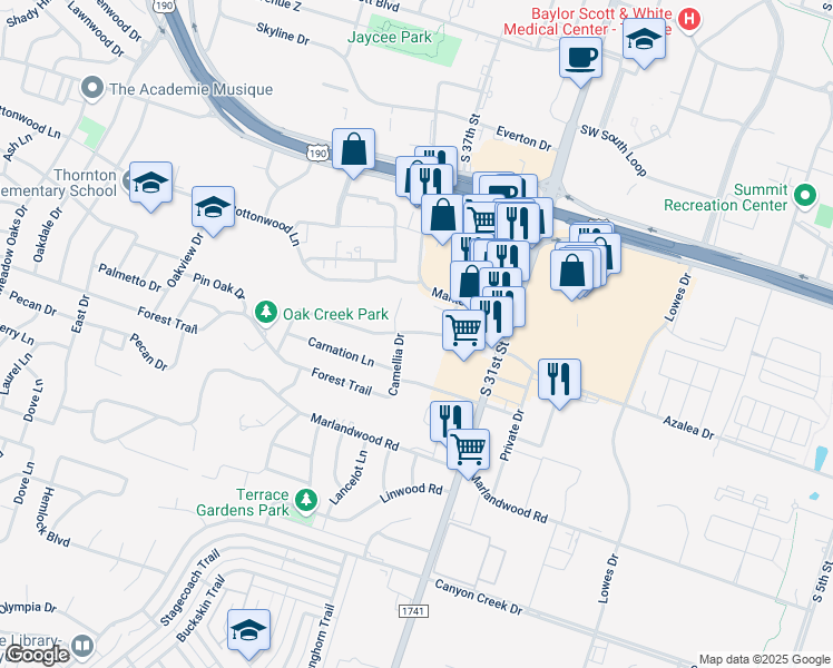 map of restaurants, bars, coffee shops, grocery stores, and more near 1810A Azalea Drive in Temple
