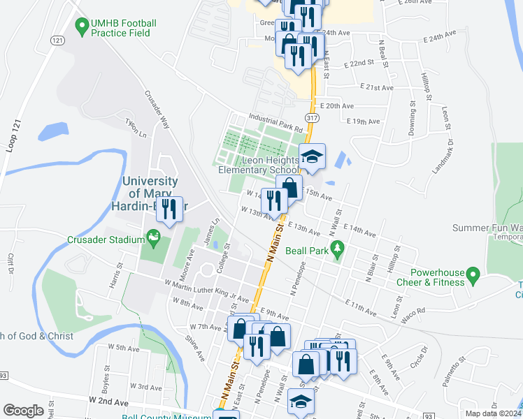 map of restaurants, bars, coffee shops, grocery stores, and more near 213 West 13th Avenue in Belton