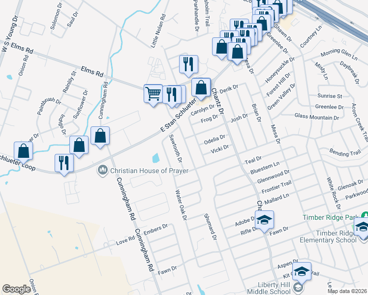 map of restaurants, bars, coffee shops, grocery stores, and more near 3920 Oak Valley Drive in Killeen
