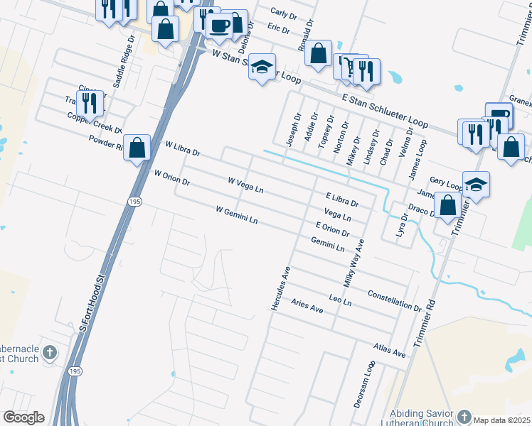 map of restaurants, bars, coffee shops, grocery stores, and more near 212 West Orion Drive in Killeen