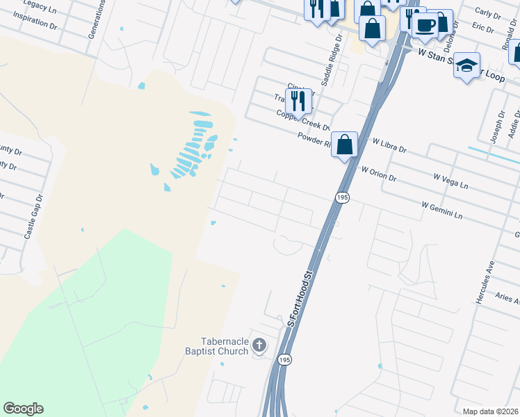 map of restaurants, bars, coffee shops, grocery stores, and more near Kum-Ok in Killeen